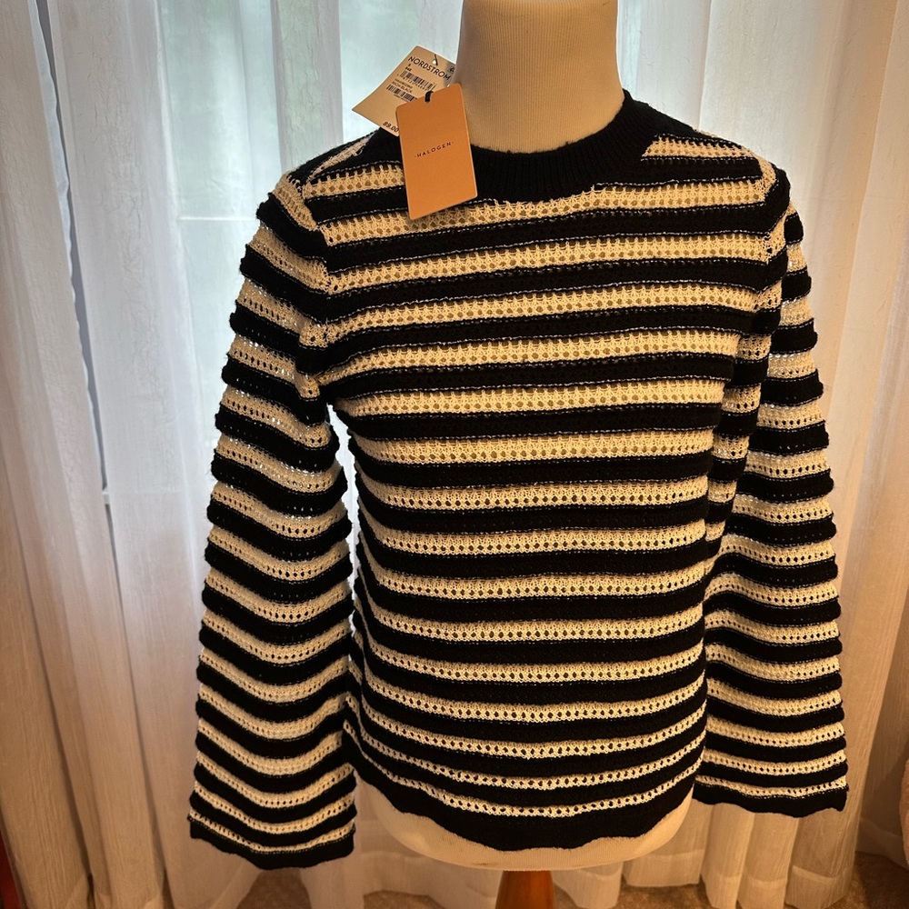 Halogen Black and White Striped Crew Neck Sweater